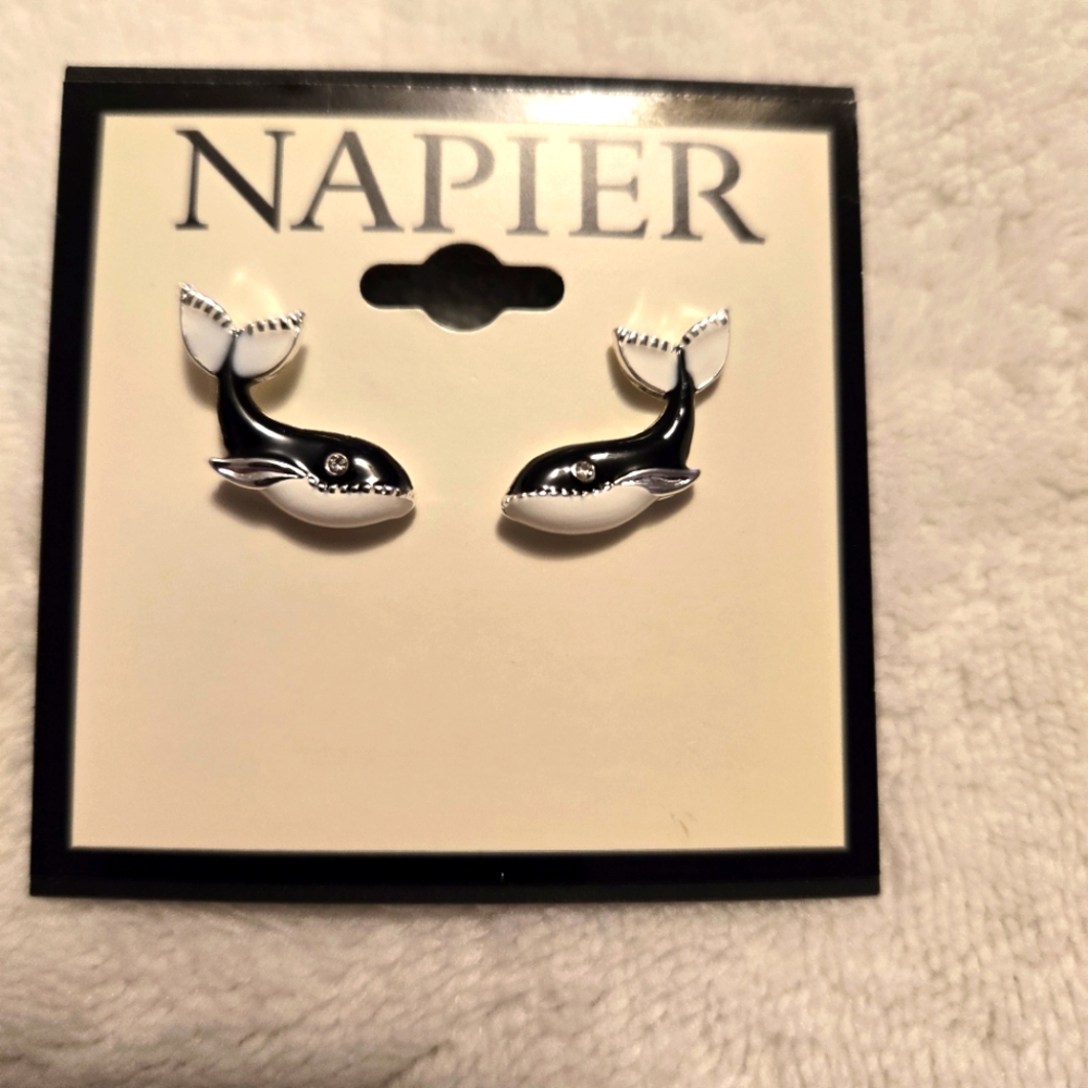 Napier New Black & White Whale Silver Tone Pierced Earrings